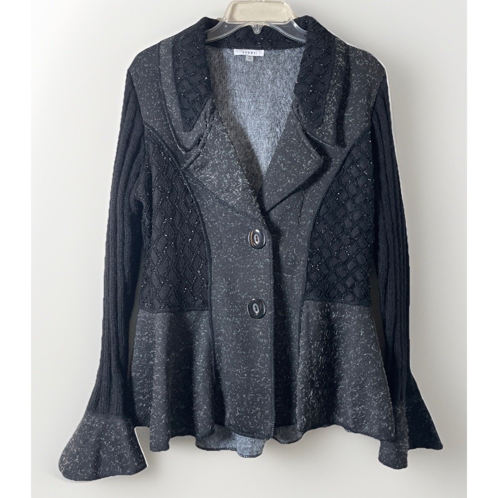 Sioni Sweater Cardigan Blazer Black Gray Button Patchwork Whimsical Flare Medium